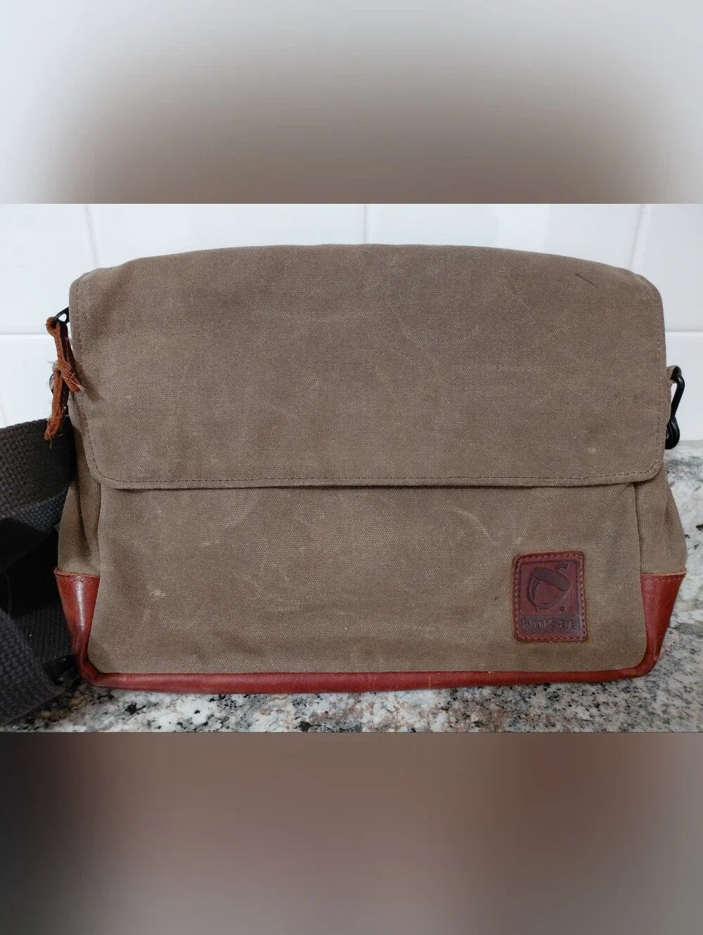 NutSac Brown Khaki Canvas Messenger Bag with Leather Trim